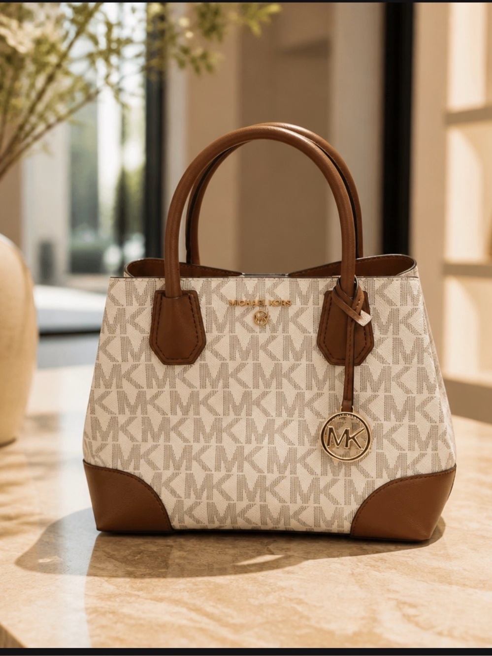 Michael Kors White and Brown Logo Tote Bag